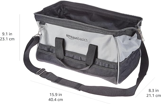 Amazon Basics Durable Wear-Resistant Tool Storage Bag with Adjustable Shoulder Strap,Portable Tool Organizer,16 in,Black & Grey,(Pack of 8)