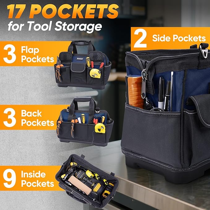 TICONN Heavy Duty Tool Bag with Multi-Pockets, Portable Tool Box Organizer Storage Bag, with Adjustable Shoulder Strap and Ergonomic Handle (Blue, 16" Molded Base)