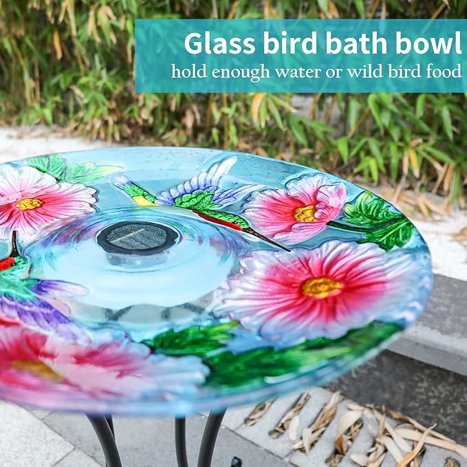 VCUTEKA Solar Birdbath Glass Bird Bath Outdoor with Metal Stand for Lawn Yard Garden Decor, Hummingbird