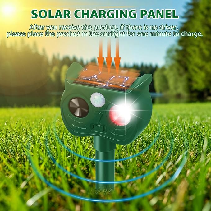 Solar Ultrasonic Animal Repellent Outdoor Motion Sensor Deer Repellent Devices Squirrel Cat Raccoon Rabbit Deterrent with Strobe Light Dual Mode, Keep Skunk Away Protection for Yard Garden Lawn 1PC