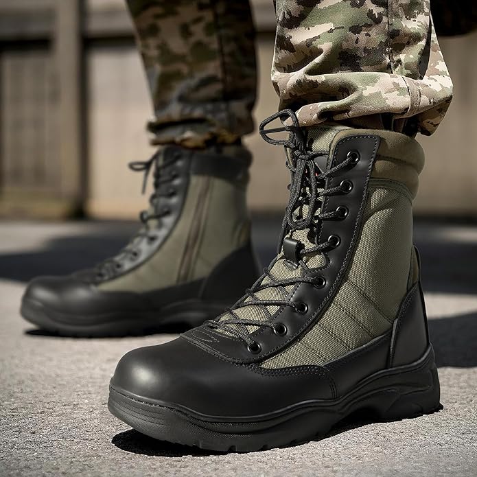 NORTIV 8 Men's Military Tactical Work Boots Side Zipper Leather Motorcycle Combat Boots Trooper