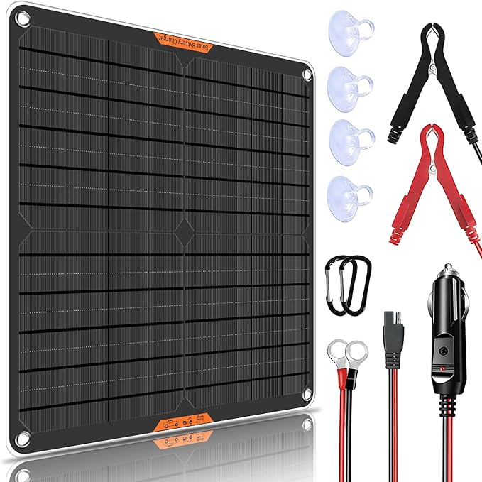 12 Volt 20W Solar Car Battery Charger & Maintainer, Solar Panel Trickle Charger, with Alligator Clip& Cigarette Lighter PlugAdapter for Car, Boat, Automotive, Motorcycle, RV