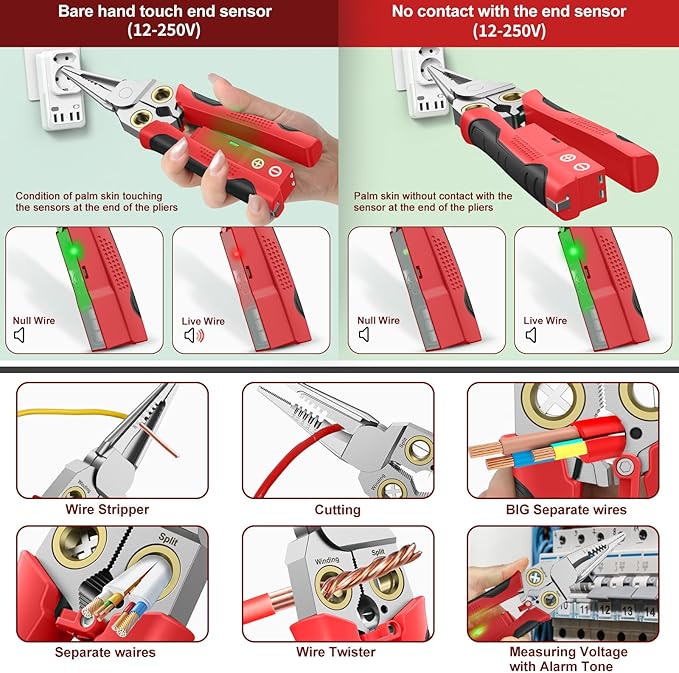 GADO Pro 8-in-1 Wire Stripper/Cutter with Voltage Tester & Dual Alarms - Heavy Duty 12-250V AC/DC Electrical Tester for Hot/Neutral Wires - Electrician, HVAC, Car Repair Tool (Red)