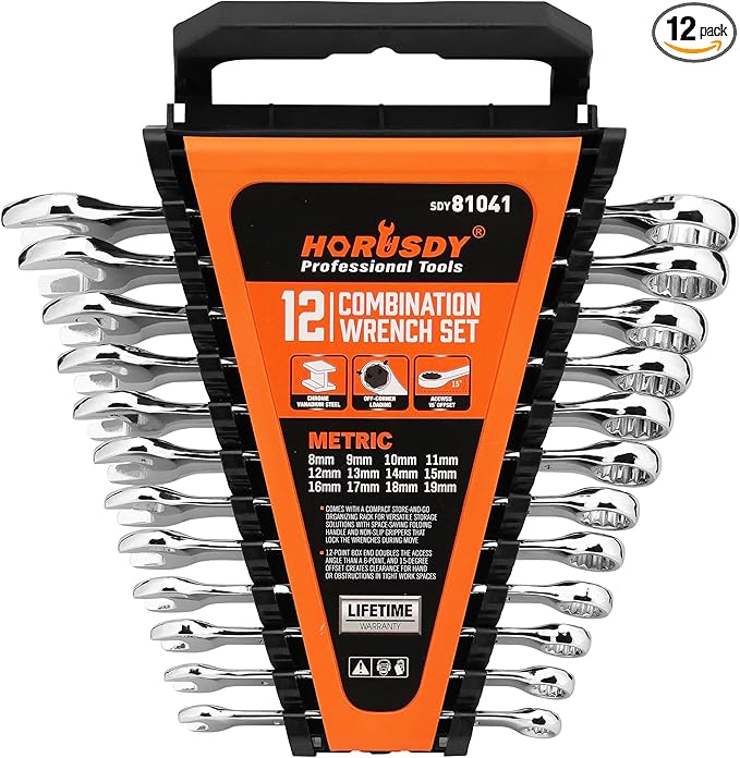 HORUSDY 12-Piece Metric Wrench Set | Combination Wrench Set with Organizer | 12 Point | 8mm - 19mm | Chrome Vanadium Steel