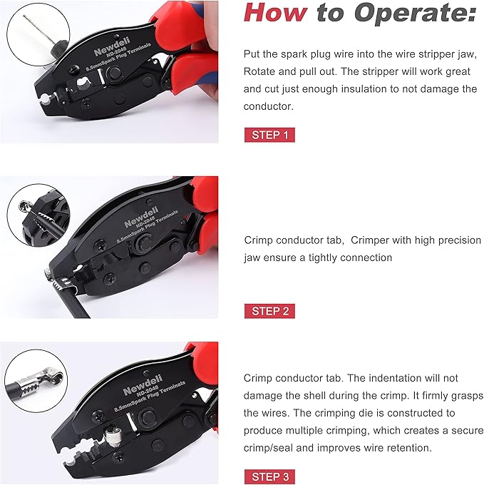 Spark Plug Wire Crimper, Newdeli Crimping Pliers for Spark Plug Stripping Tool, ND-2048 for Crimping and Stripping Spark Plug Wire, Dia 8.0-8.5mm,Ratchet spark plug wire crimping tool