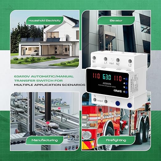 Automatic Transfer Switch 63A 110V, DIN Rail Mount Generator Transfer Switch with Automatic and Manual Operation, LED Display, Over Voltage and Over Current Protection, 50/60Hz