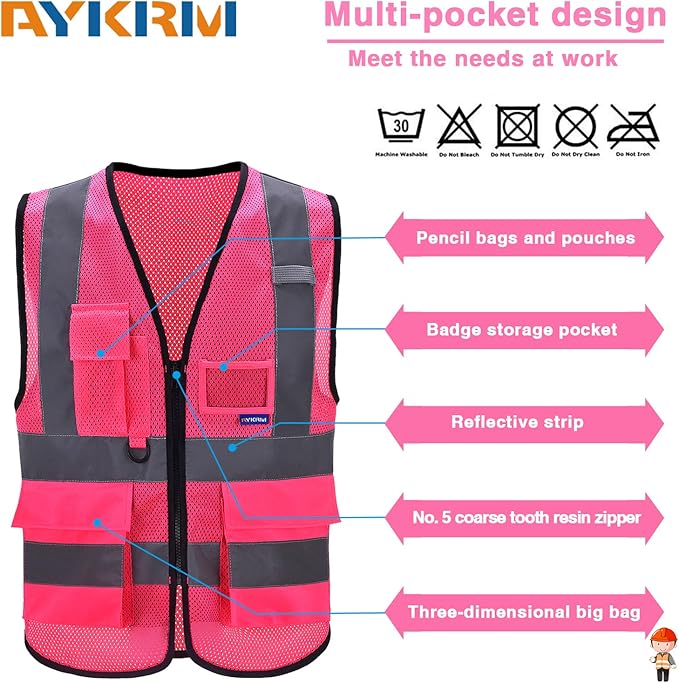 A-SAFETY High Visibility Mesh Safety Reflective Vest with Pockets and Zipper,Hi Viz Work Vest for Men Women (Pink Mesh 4XL-5XL)
