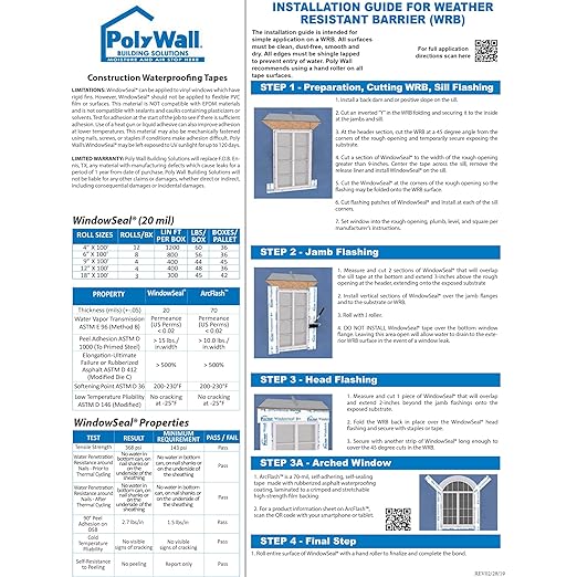 POLYGUARD WindowSeal Window and Door Flashing Tape, 6 in x 100 ft Roll, 20 mil Thick, Self-Sealing & Self-Adhering Waterproof Barrier, Pack of 4