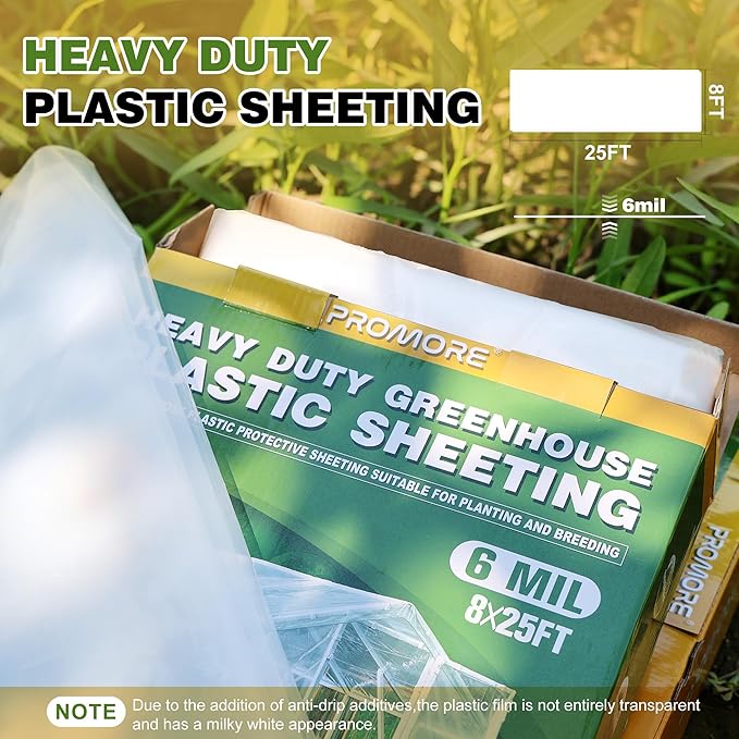 Plastic Sheeting 6 Mil, 8x25 FT, Heavy Duty, Greenhouse Plastic Polyethylene Film, UV Resistant, Tear-Proof, for Garden, Agriculture, Painting, Floor Protection
