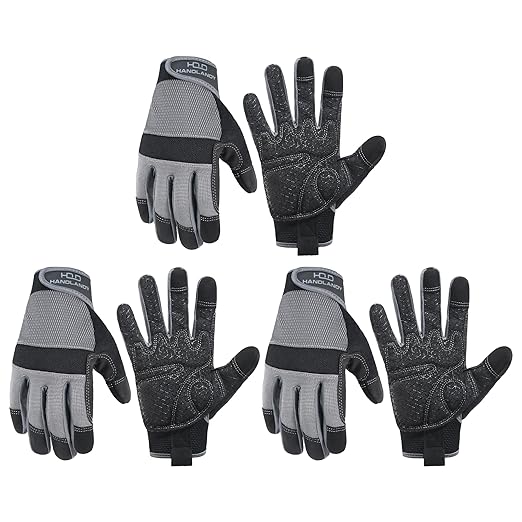 HANDLANDY Working Gloves for Men & Women, Safety Work Gloves with Grip for Warehouse Construction Garden Yard Outside (Grey-Grip, Large (Pack of 3))