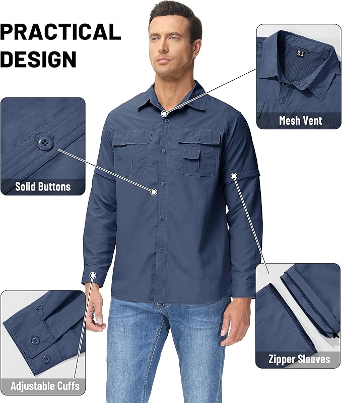 TACVASEN Men's Convertible Long Sleeve Fishing Shirts Lightweight Quick Dry Button Up Tactical Sun Shirts for Safari Hiking