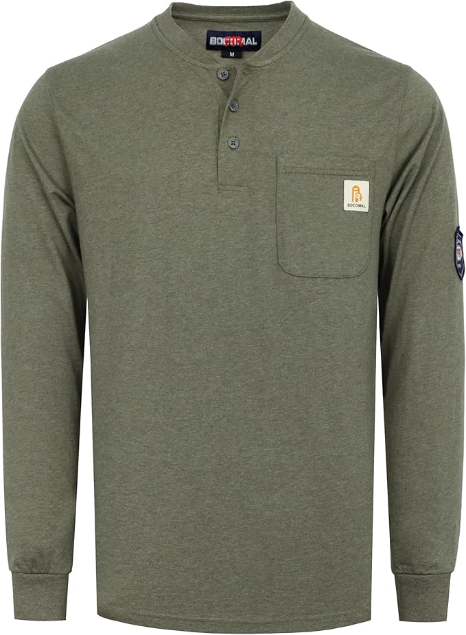 BOCOMAL FR Shirts Flame Resistant Shirt 5.5oz 100% Cotton Light Weight CAT2 Fire Retardant Henley Shirts