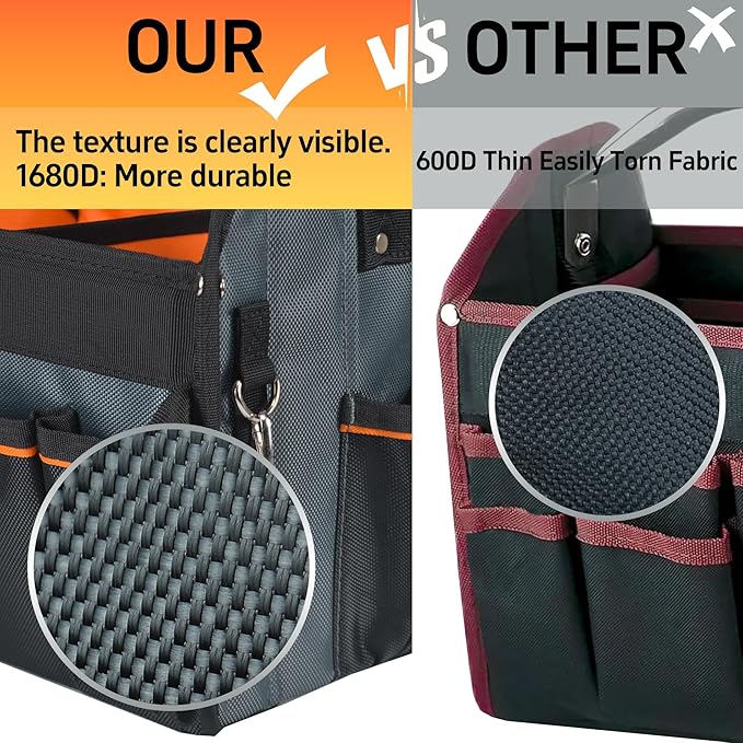 16 Inch Open Top Tool Bag, Thick 1680D Fabric, Foldable 29 Pockets Tool Tote Bags with Stainless Steel Handle & Padded Shoulder Strap, Easy Carry and Easy Tool Access