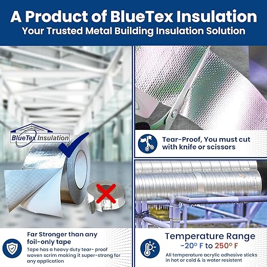 BlueTex Insulationㅤ HVAC Aluminum Foil Tape 3 inch x 150 ft (6 mil), Professional Grade Silver Duct Tape Metallic, Tear-Proof HVAC Tape, Heavy Duty, for Ductwork, Dryer Vent & Insulation - 1 Roll