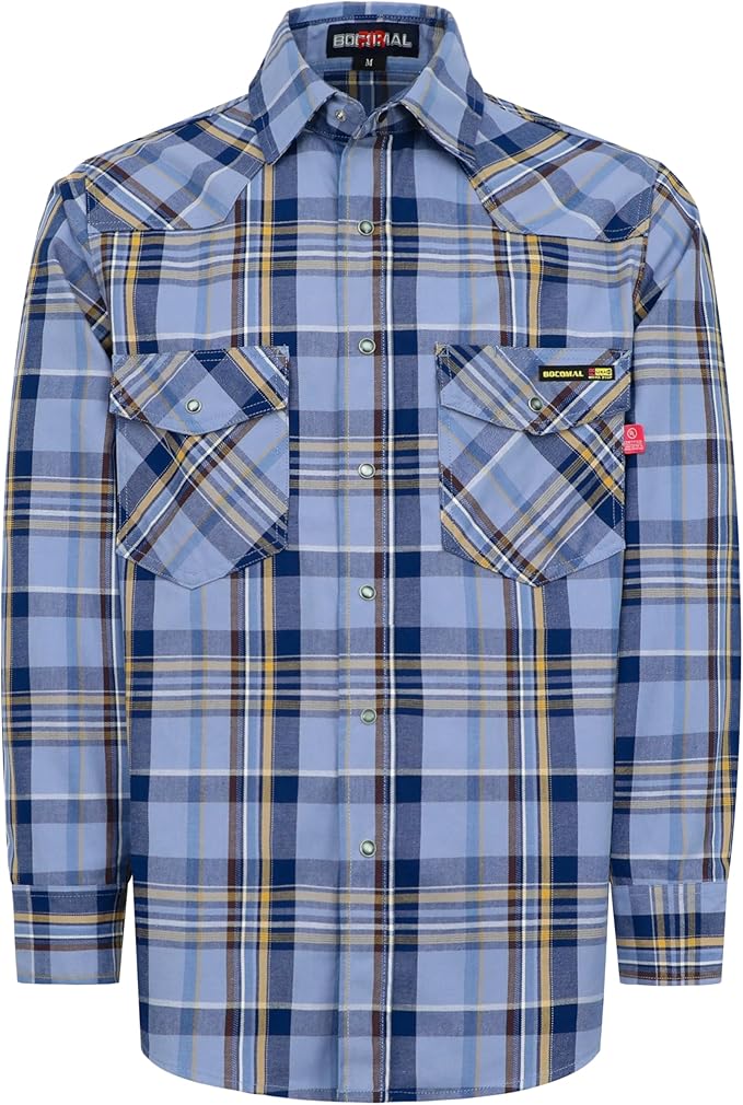 BOCOMAL FR Shirts Flame Resistant 100% C NFPA2112 7.5oz Men's Fire Retardant Welding Shirt