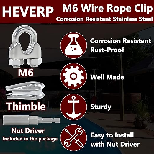 12PCS M6 1/4 Inches Stainless Steel Wire Rope Clips, 6PCS M6 Thimbles