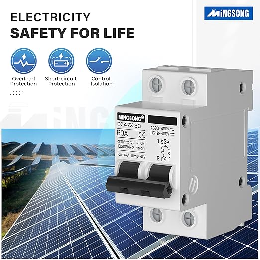 DC Solar Panels Disconnect Switch 63 Amp Solar Shut Off Switch 12V-400V 2 Poles Small Miniature Circuit Breaker for PV Homes, AC 110V DIN Rail MCB