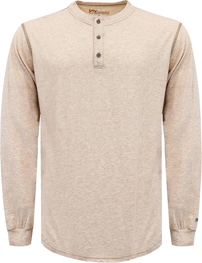 VATRENUS FR Shirts 4oz Lightweight Flame Resistant Henley 100% Cotton Men's Pre-Washed Fire Retardant Base Layer