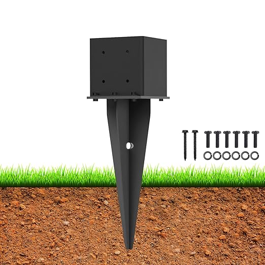 1 Pcs 6"x6" Fence Post Anchor,(Internal 5.6"x5.6"),Metal Fence Post Anchor Ground Spike 22" with Black Powder-Coated,Fence Stakes Post Base for Deck,Fence,Porch,Railing,Mailbox.
