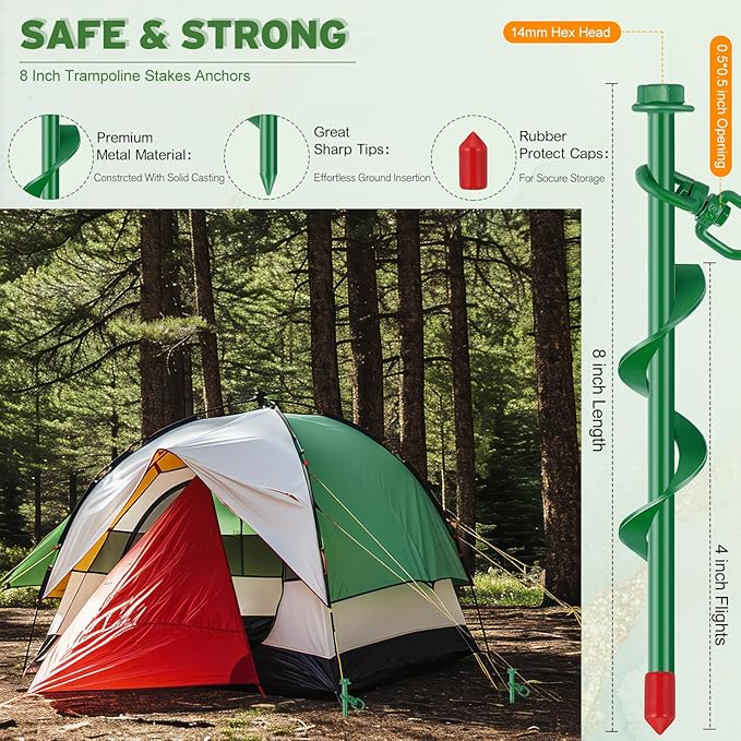 Hiboom 4 Pcs Ground Anchors with T Handle Hex Wrench Trampoline Hook, Ground Anchor Screw in Kit, Inflatable Outdoor Decorations Accessories for Camping Tents Car Ports Canopies (Green,8 Inch)