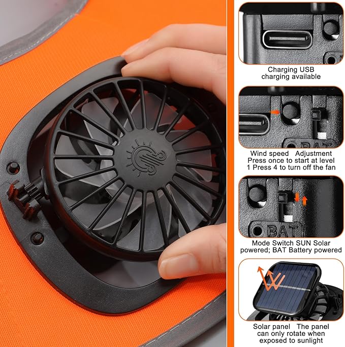1 Set Sun Hard Hat Shade Full Brim Hard Hat Sun Visor with Solar Fan and Neck Sunshade Cover High Visibility Full Brim Mesh with Reflective Strip Summer Protect Accessory(Orange)