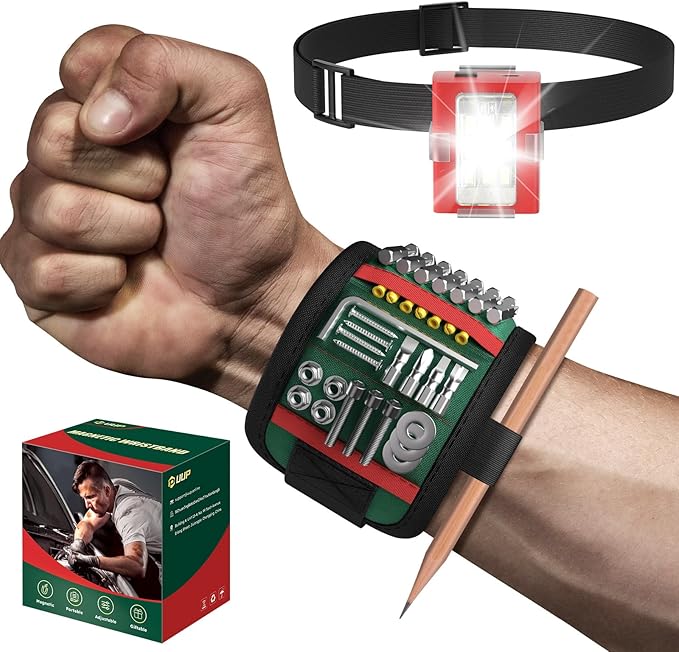 Magnetic Wrist band with LED Light, Magnet Tool Belt Wrist Band for Screw and Nail, Adjustable Wrist Tool Holder, Birthday Gifts for Men, Dad, Him, Mechanic, Woodworker, Handyman