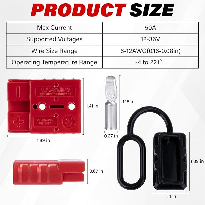Anderson Connector 4 Pcs, 50 Amp 12-36v Battery Quick Connect/Disconnect Plug Kit, Connectors for 6 to 12 Gauge Cables, for Car Bike ATV Winches Lifts Motors More,SB50 Red