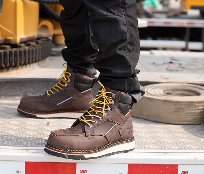 MWORK 6" Moc Toe Work Boots For Men Wedge Sole Leather Waterproof ASTM F2413-18 Safety Metallic Toe EH Rated Arch Support Anti Fatigue