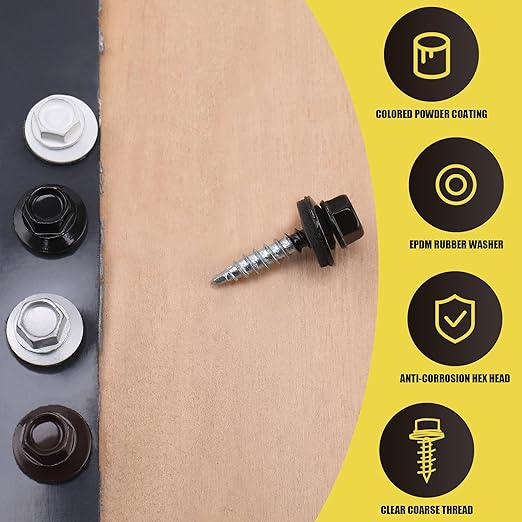 300pcs #10 x 1 Brown Hex Head Self-Drilling Metal Roofing Screws, EPDM Washer, Colored Head, Wood Screws, Sheet Metal Roof Screw with Hex Driver Bit