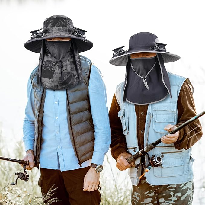 2 Pcs Solar Fan Hats Wide Brim Fishing Hats with 2 Solar Fan and Removable Face Cover Cooling Buckets for Men Women