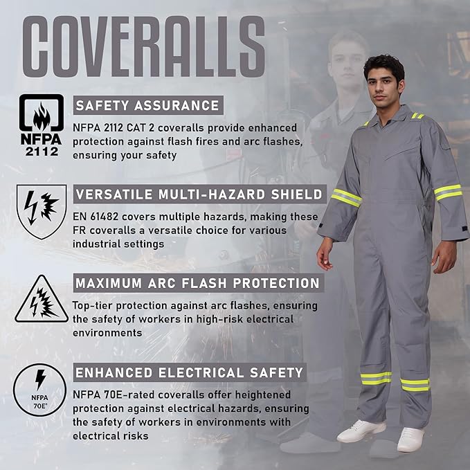 Flame Resistant FR Hi Vis Coveralls for Men NFPA 2112 Complied 7oz Overall for Men Reflective Tape 6 Pockets Coverall