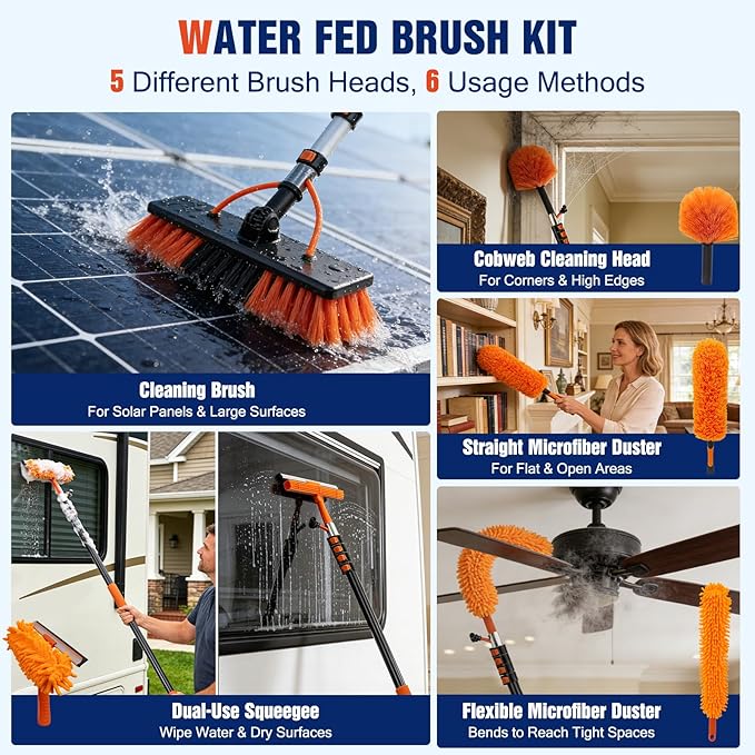 24FT Water Fed Pole Window Cleaning System & Solar Panel Cleaning Kit, Professional Window Washing Kit with Extension Pole, 180° Rotating Brush & Soap Dispenser