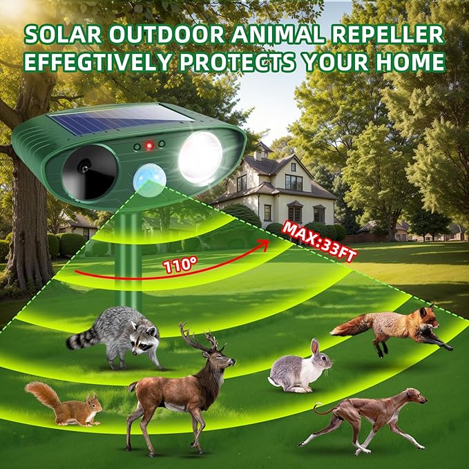 2Pack Solar Ultrasonic Animal Repellent Outdoor Rabbit Repellent Devices with Motion Detection&Flash Light Cat Repellent Keep Deer Raccoon Opossum Squirrel Away for Vegetable Garden Yard Lawn