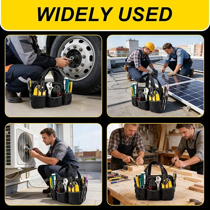 Small Tool Bag,Close Top Wide Mouth Tool Organizer Bag,Large Capacity Tool Bags for Men,Canvas Tool Storage Bag for Storage Handbag for Screwdrivers,Wrench,Pliers Hand Tools (Black-1, 12 Inch)