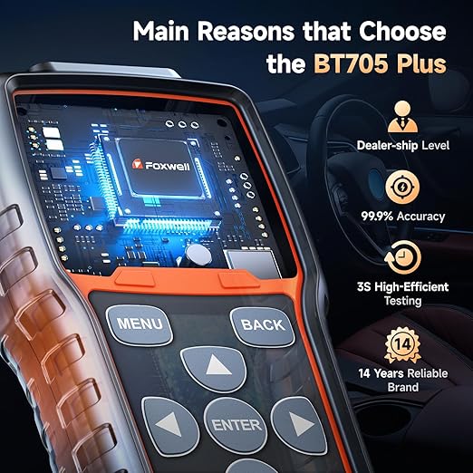 FOXWELL BT705 PLUS Car Battery Tester 24V 12V Load Tester, 100-2000CCA Automotive Alternator Tester Digital Cranking Charging System Tester for Car Truck Marine ATV, Upgraded of BT705
