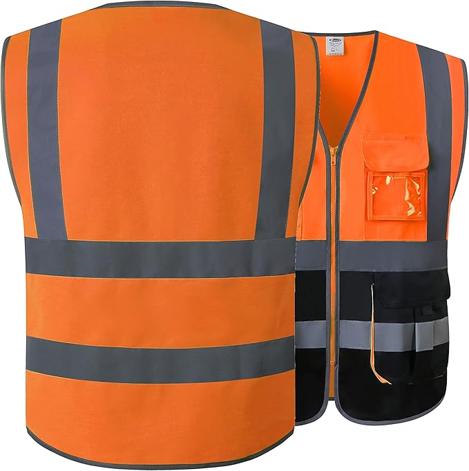 JKSafety 7 Pockets High Visibility Zipper Front Safety Vest With Reflective Strips.Meets ANSI/ISEA Standards (130-Orange-Black L)