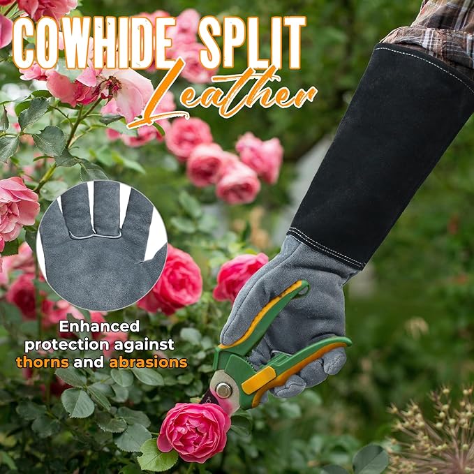 HANDLANDY Long Gardening Gloves for Men & Women, Cowhide Leather Rose Pruning Gloves, Breathable Thorn Proof Gauntlet Glove (Slate Gray, M)