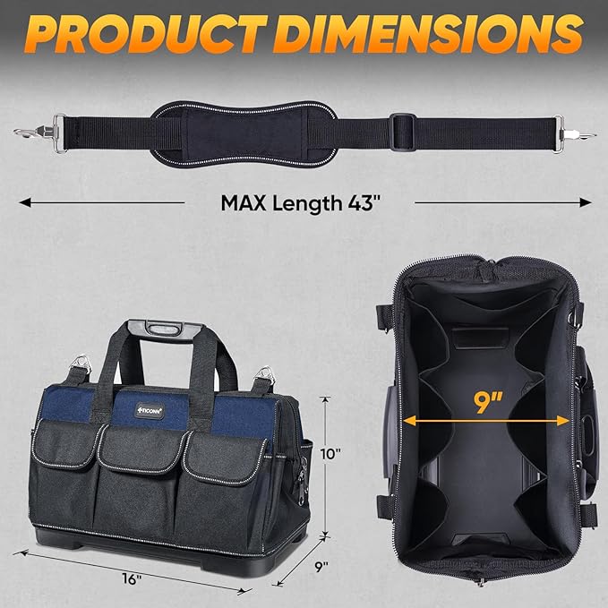 TICONN Heavy Duty Tool Bag with Multi-Pockets, Portable Tool Box Organizer Storage Bag, with Adjustable Shoulder Strap and Ergonomic Handle (Blue, 16" Molded Base)