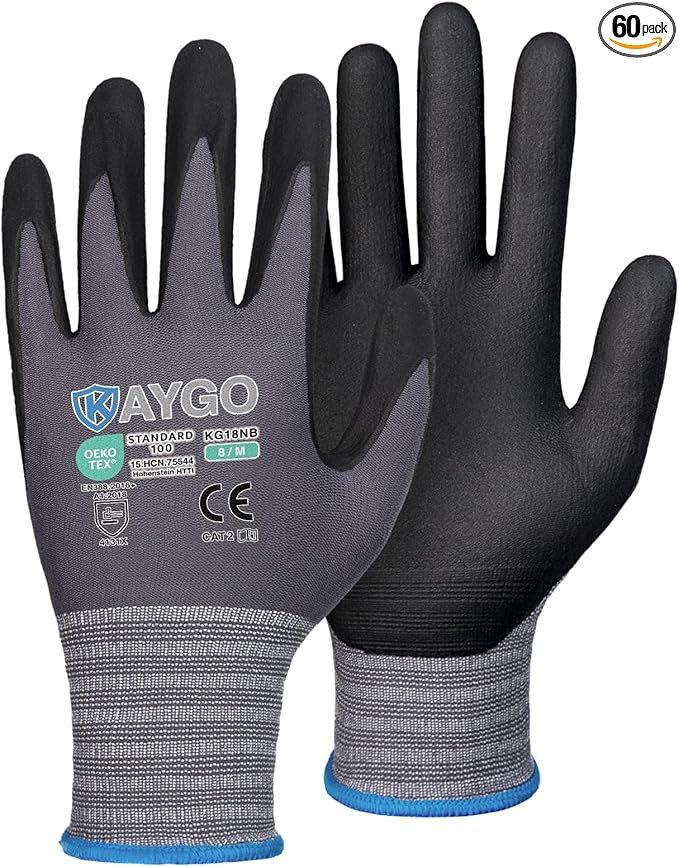 KAYGO Safety Work Gloves MicroFoam Nitrile Coated, 60 Pairs KG18NB,Seamless Knit Nylon Glove for Men and Women, Ideal for Automotive,Warehouse,Construction (Medium,Gray)