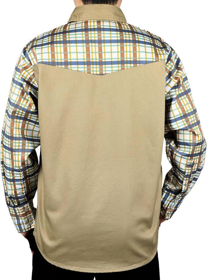 BOCOMAL FR Shirts Pearl Snaps Two Tone Plaid/Solid Flame Resistant Cotton Welding Shirt NFPA 2112 CAT 2