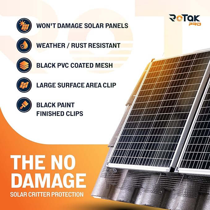 Rotak Critter Guard PRO - 4in x 100ft Solar Panel Bird Prevention Roll Kit with 60 Fastener Clips - Heavy Duty Galvanized Black PVC Coated ½ inch Wire Roll Mesh (4" PRO + 60 Clips)