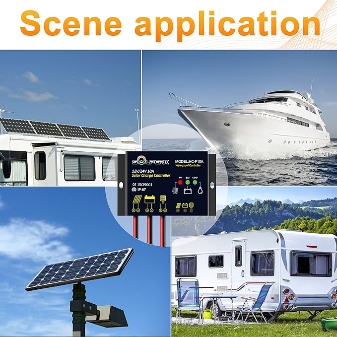 SOLPERK 10A Solar Charge Controller Waterproof Solar Panel Controller 12V/24V PWM Solar Panel Battery Intelligent Regulator for RV Boat car ，with LED Display