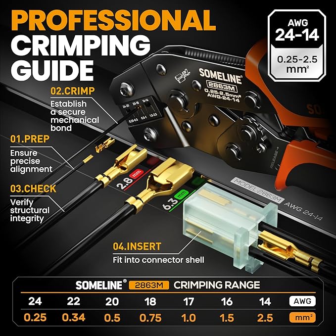 SOMELINE Automotive Wire Connectors Crimp Tool Kit, Crimper for 24-14 AWG Non-Insulated Quick Disconnect Terminals, with 2-9 Pin 2.8mm/6.3mm Plugs & Sockets