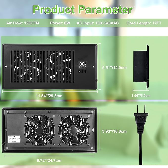 10 Inch Register Booster Fan with Thermostat, High Velocity Ventilation Fans with 10 Gear Wind Speed Switch and High Precision Thermal Probe, Black