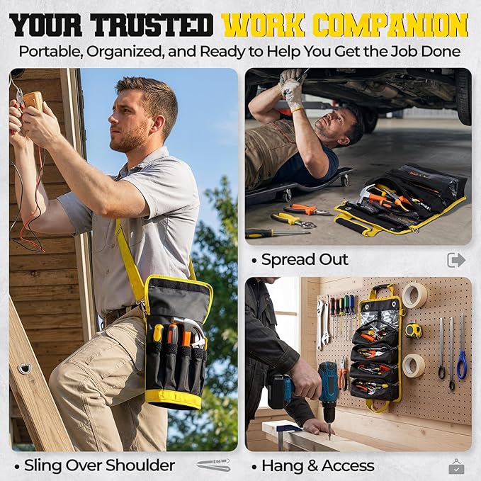 Roll Up Tool Bag, Heavy Duty See-Through Tool Roll Organizer with 2 Detachable Pouches, Portable Mechanic & Motorcycle Tool Bag, Birthday & Father’s Day Gift, Yellow