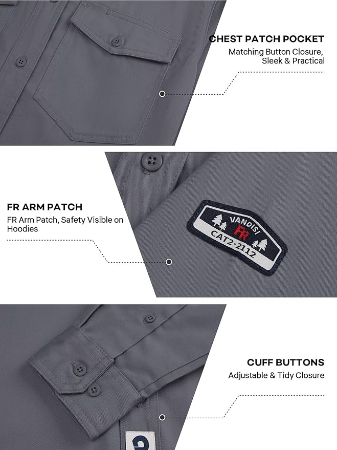 100% Cotton Mens Fr Shirts 7.5oz Flame Resistant Shirts NFPA2112 Men's Fire Retardant Welding Shirts