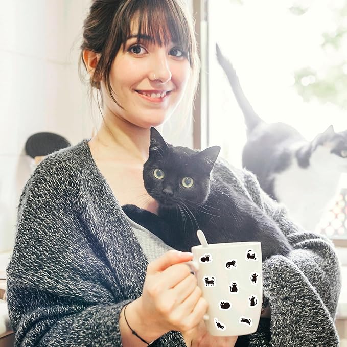 JarThenaAMCS 2400Pcs Mini Black Cat Sticker Cute Kitten Paper Decal Self-Adhesive Sticker for Planner Reward Envelope Scrapbook DIY Supplies, 0.5 in