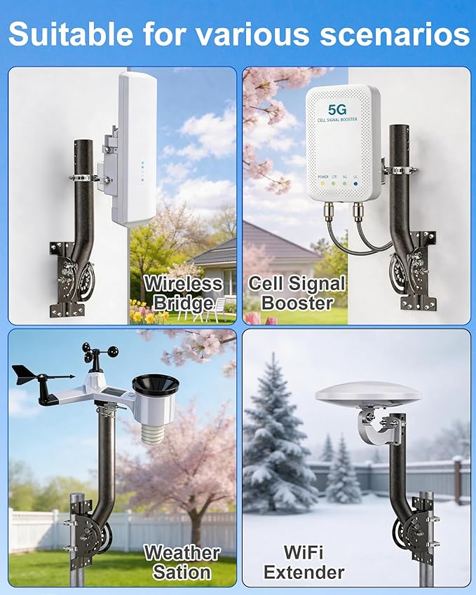 Heavy Duty Antenna Mount, 1-Pack 13 in Three-Screw Locking Pivot J-Pole for Wall, Eave or Roof, 1.38 in OD, Expandable Mast for TV Antenna, Access Point, Bridge, Weather Station or Starlink Setups