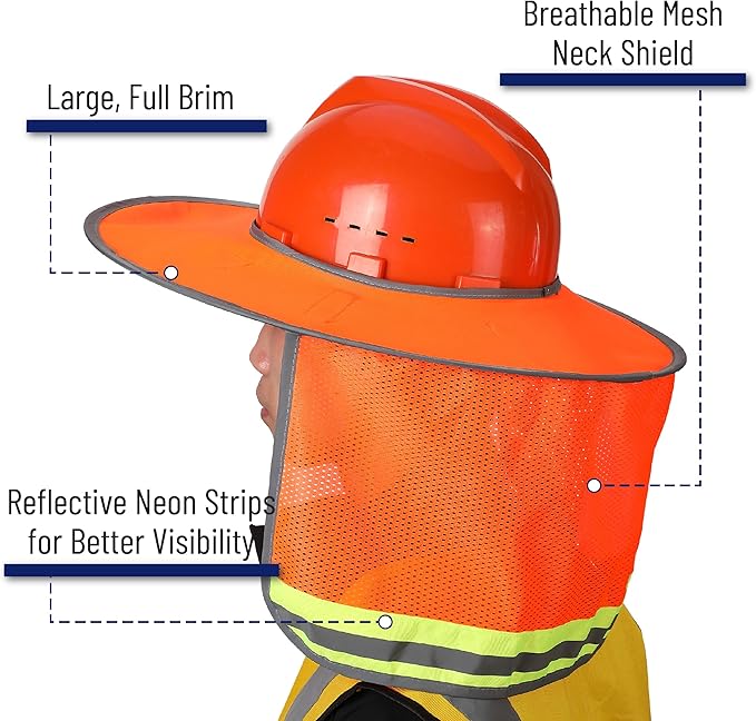 UNCO Hard Hat Sun Shield, Orange, Full & Standard Brim Mesh Sunshade, High Visibility Reflective, Hard Hat Accessories