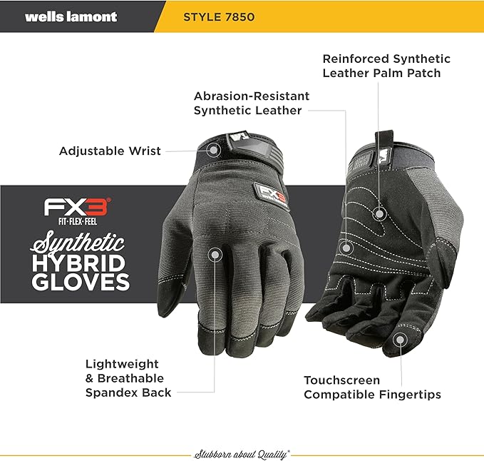 Wells Lamont Men's FX3 Extreme Dexterity Work Gloves – Padded, Ergonomic Work Gloves, Touchscreen Compatible – Heavy Duty Synthetic Leather with Reinforced Fingertips and Adjustable Fit – Gray - L